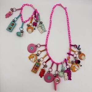 Vintage 80s Charm Necklace Bracelet Set Plastic Bell Clip Chain 18 Charms Retro